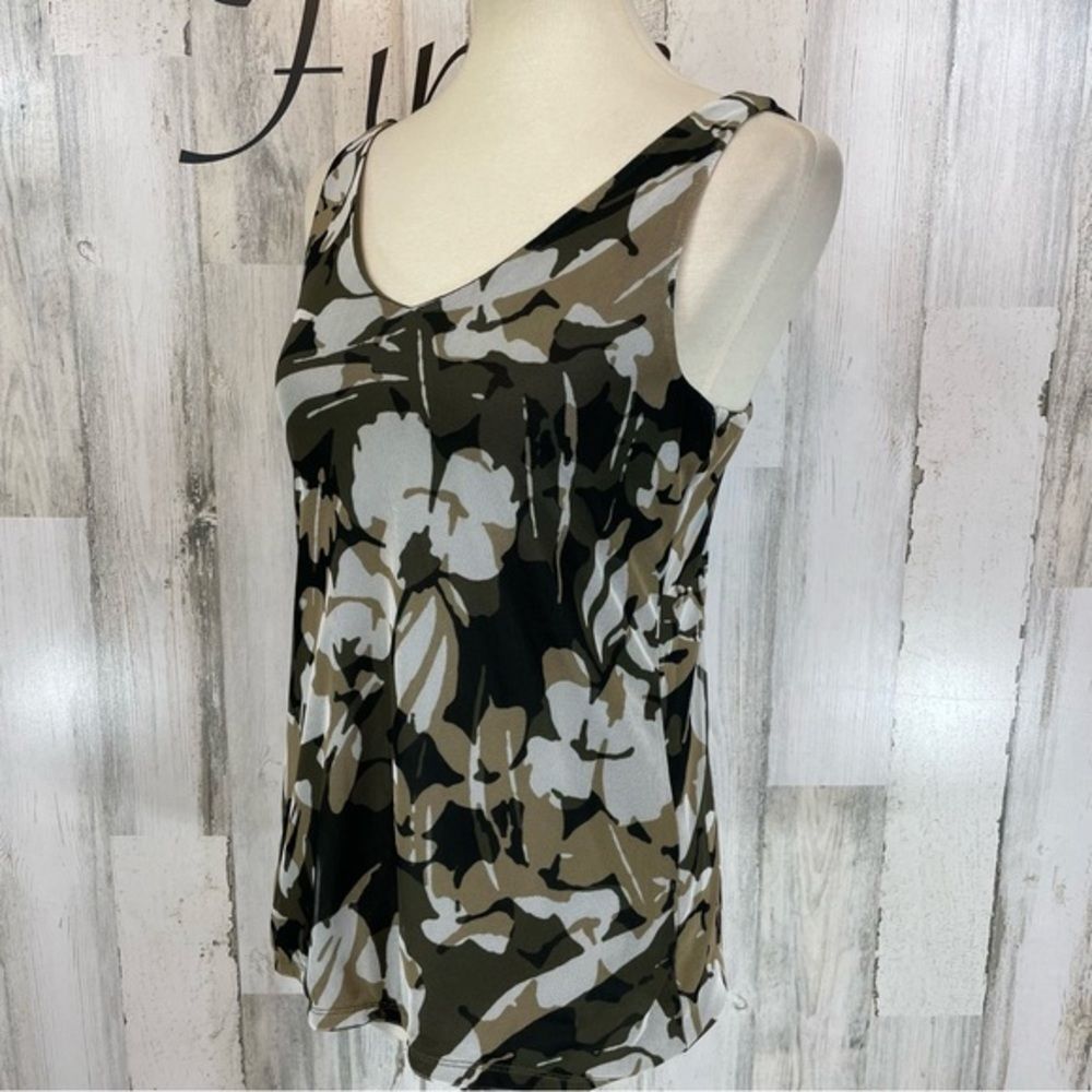 Chico's Women's Brown Floral V Neck Stretch Sleeveless Shirt Top Blouse Small